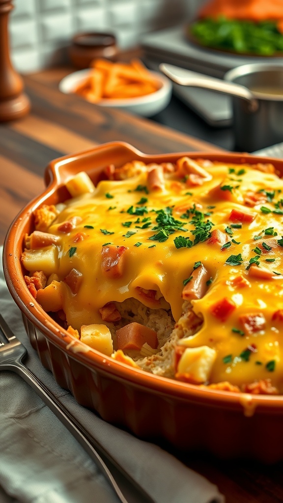 Cheesy potato and ham casserole in a rustic dish, topped with golden cheese, served with parsley.